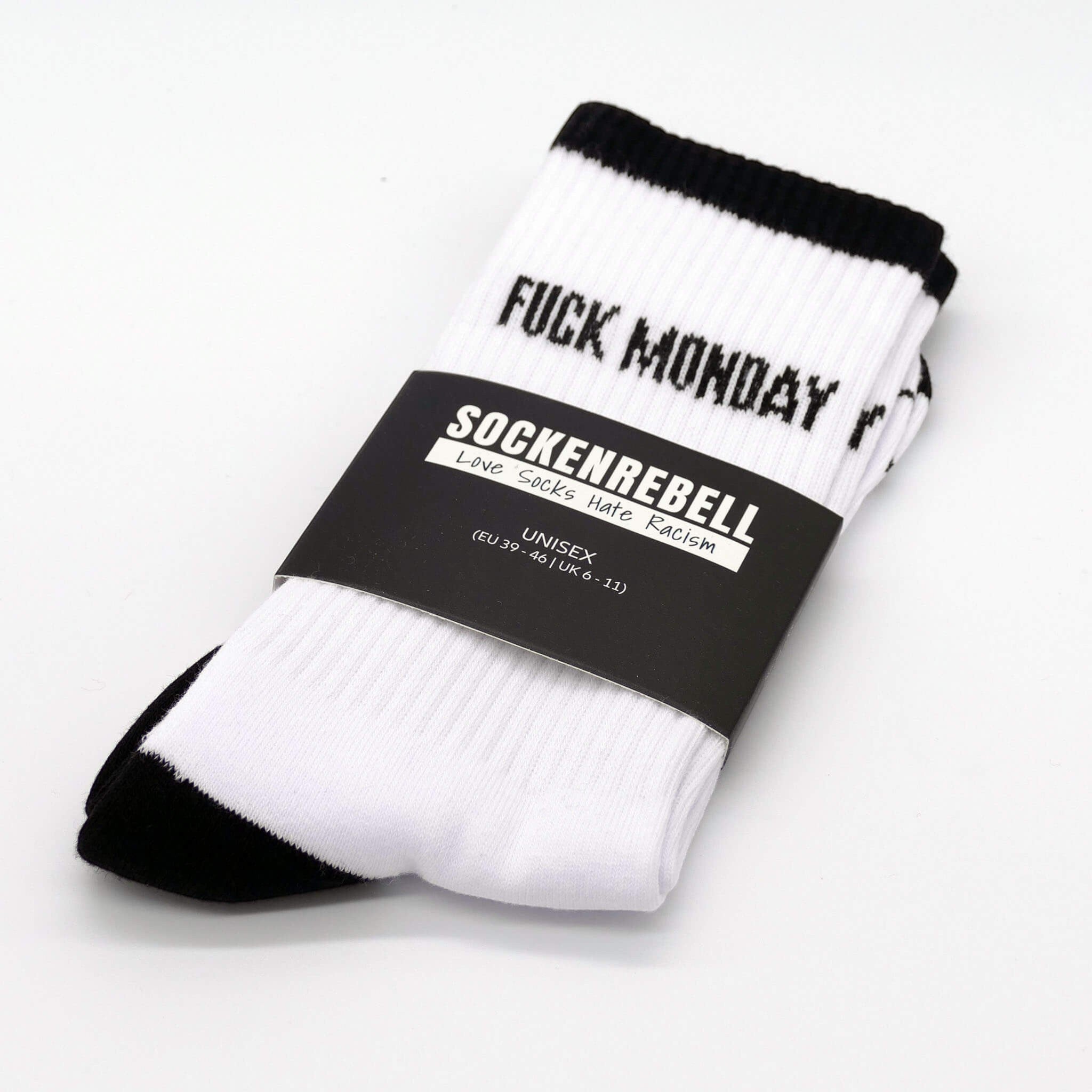 Fuck Monday – Statement-Socken Schwarz-Weiß