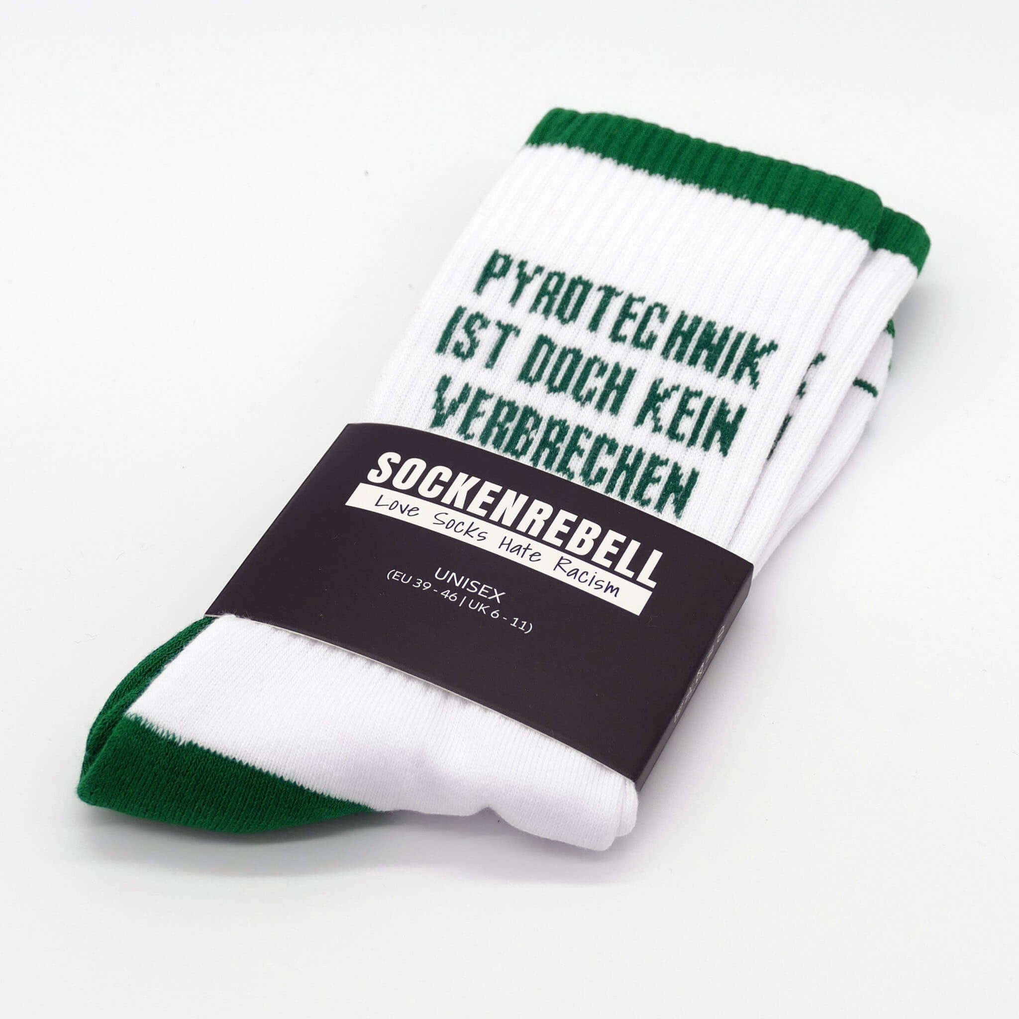 Pyrotechnik ist doch kein Verbrechen – Statement-Socken Grün-Weiß