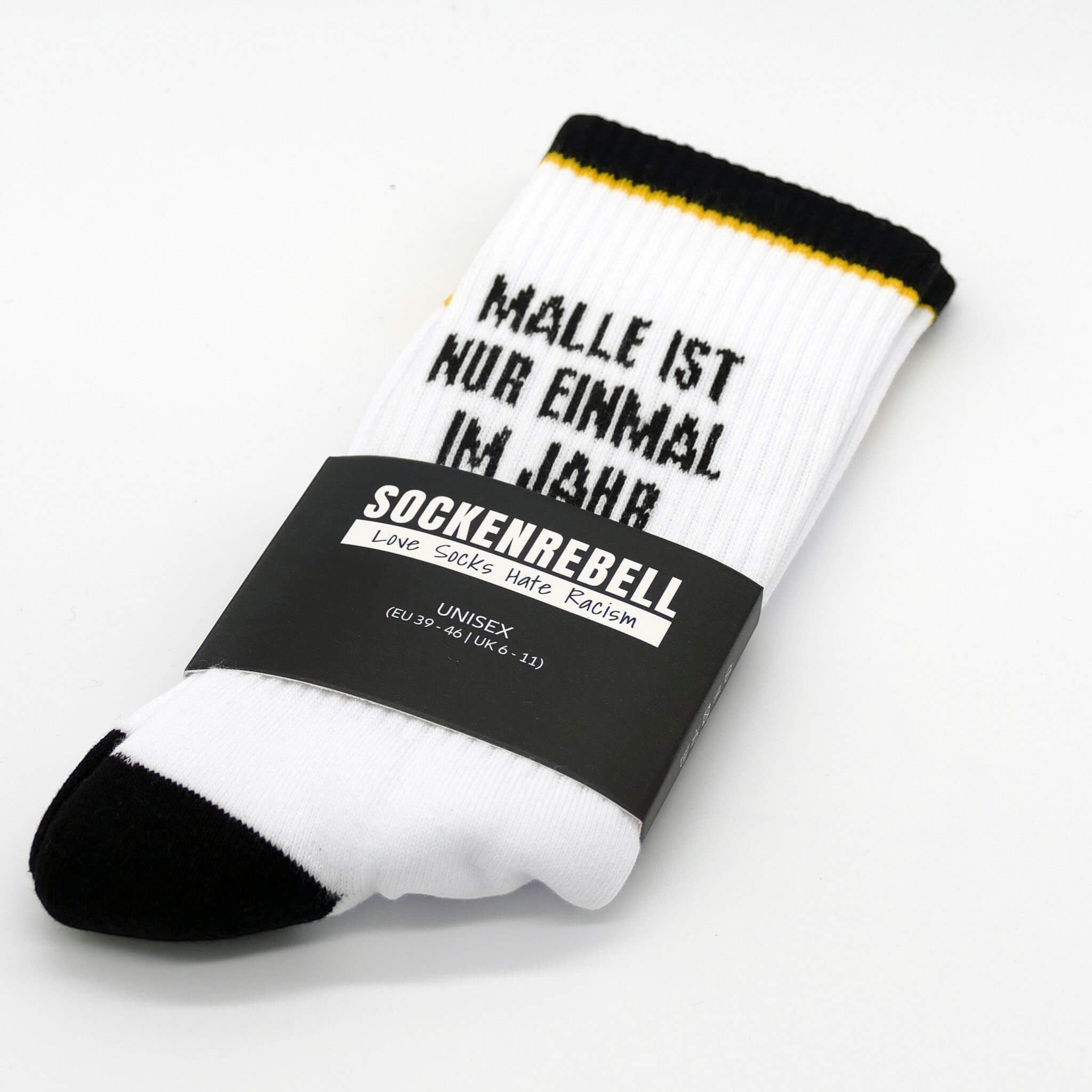 Malle ist nur einmal im Jahr – Statement-Socken Schwarz-Gelb