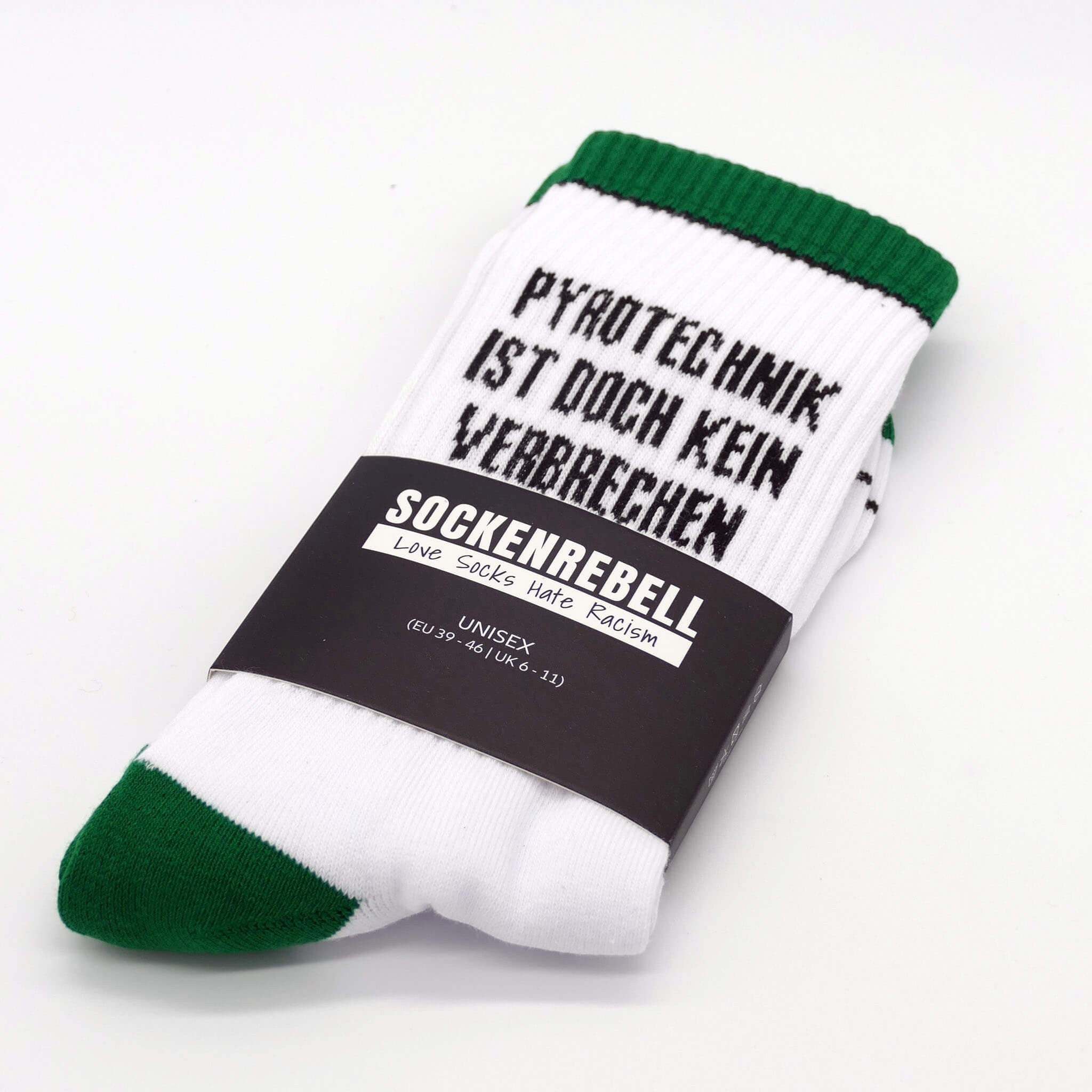 Pyrotechnik ist doch kein Verbrechen – Statement-Socken Grün-Weiß-Schwarz