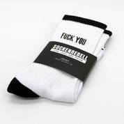 SOCKENREBELL black and white unisex crew socks with "FUCK YOU" text and ribbed cuffs.