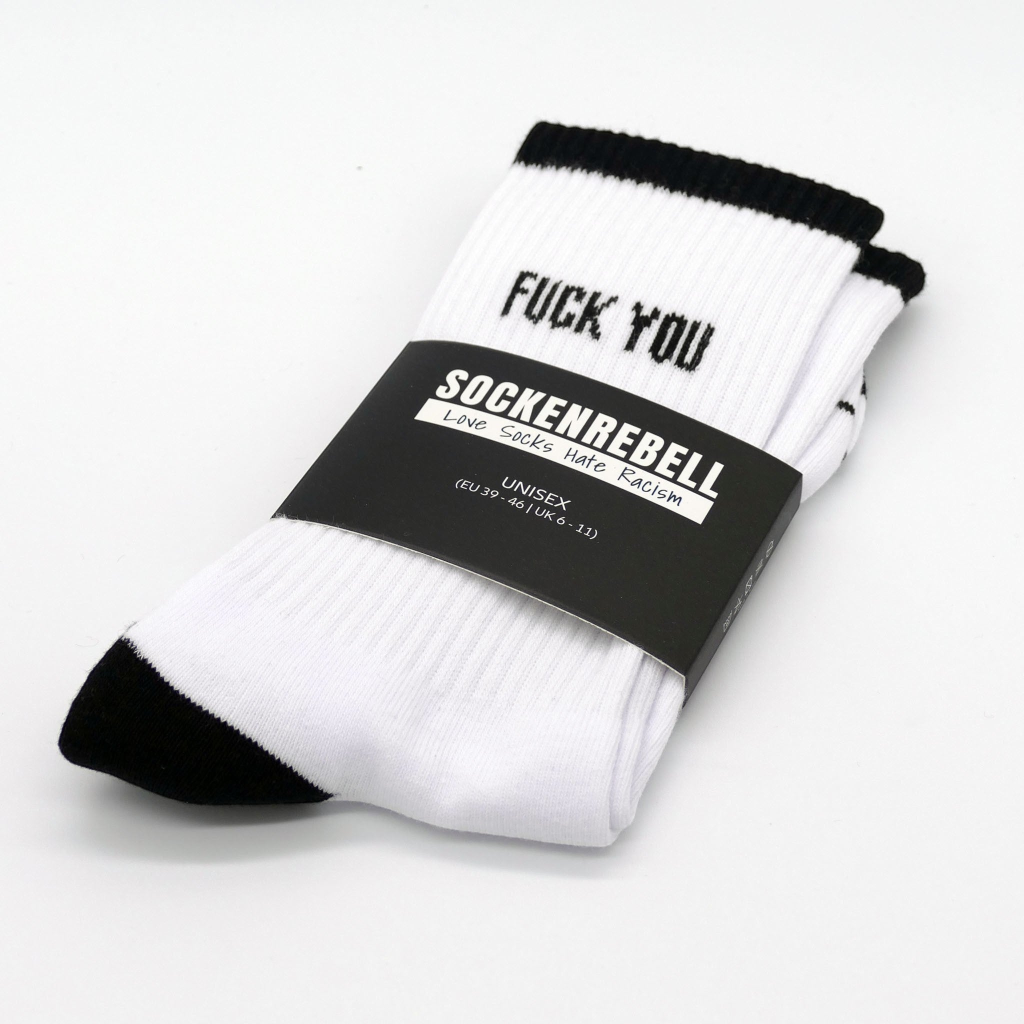 SOCKENREBELL black and white unisex crew socks with "FUCK YOU" text and ribbed cuffs.