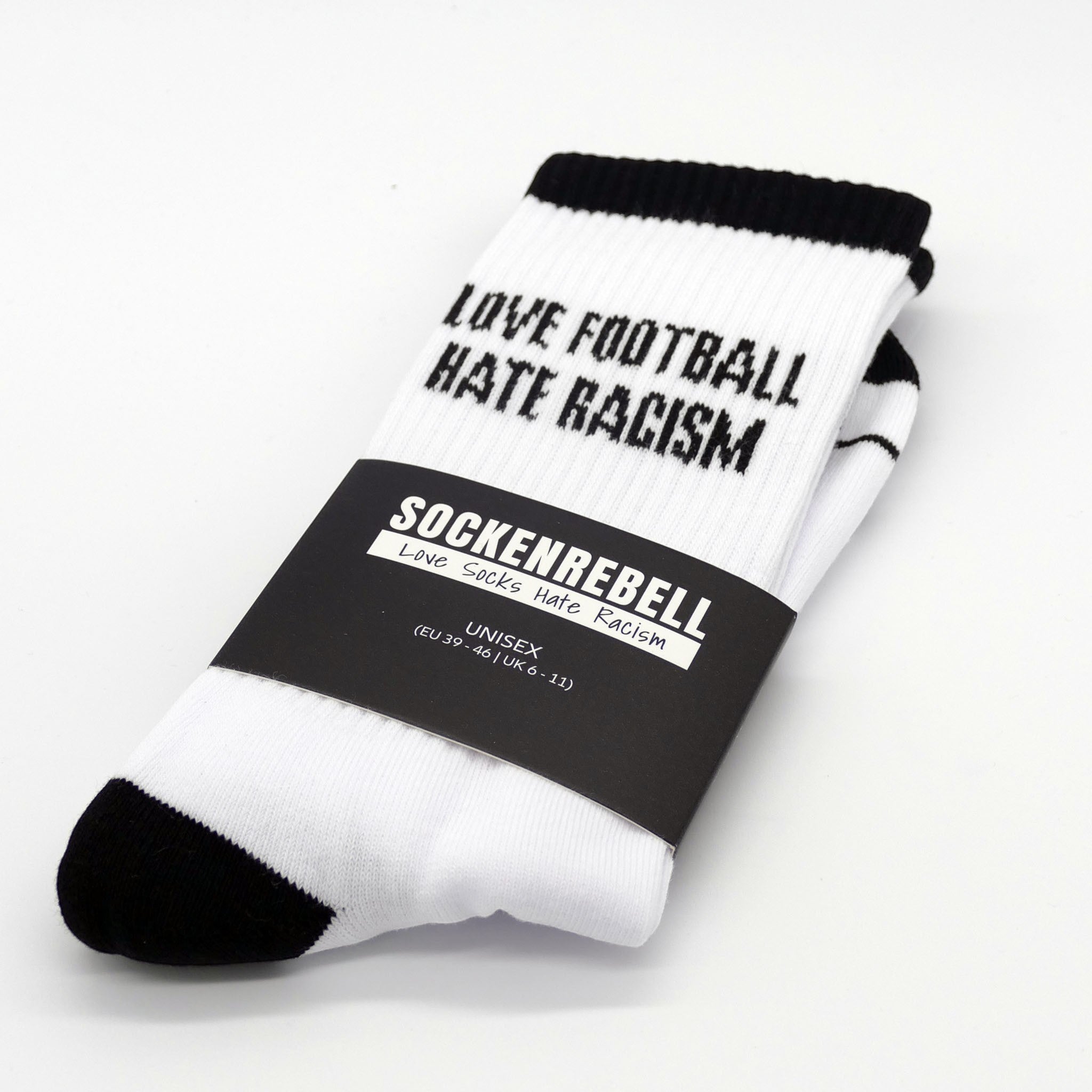 SOCKENREBELL Socke Love Football Hate Racism, Spruch eingestrickt
